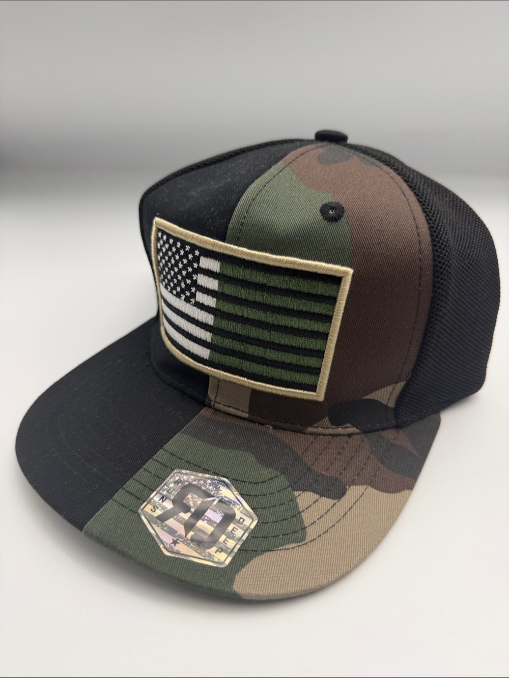 Runs Deep Embroidery American Camo Trucker Hat with Olive & Black New